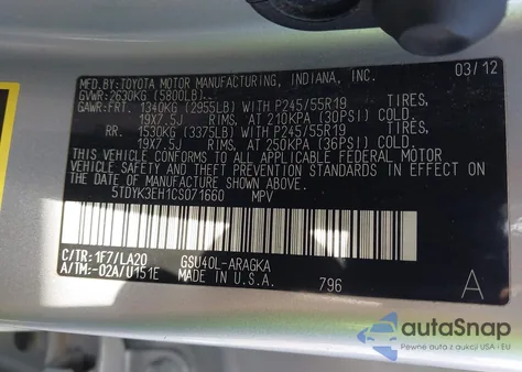 2012 Toyota Highlander Limited V6 z USA, uszkodzony, nr VIN 5TDYK3EH1CS071660